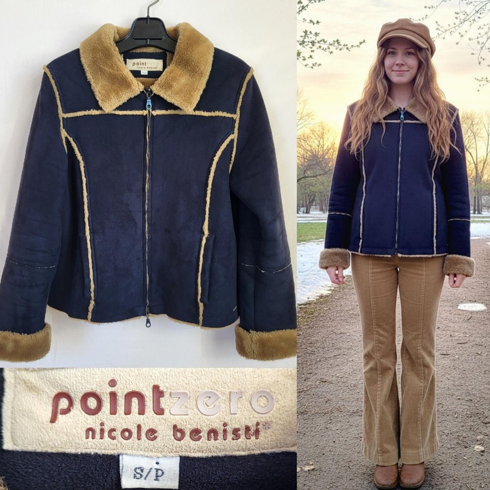 Vintage Point Zero Nicole‎ Benisti Navy Faux Suede Shearling Coat Jacket